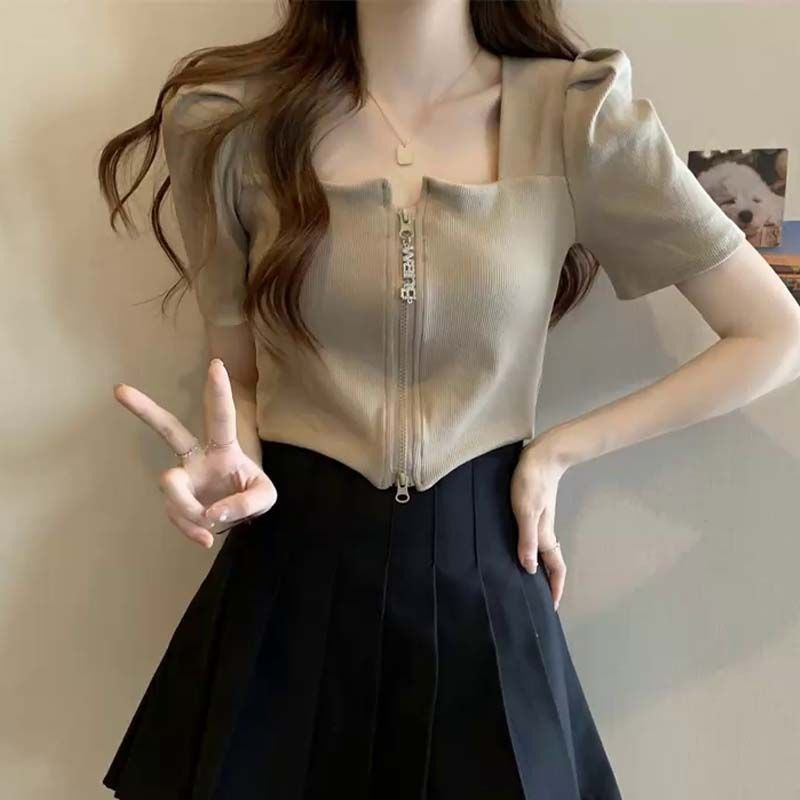 Niche Design Sense Square Collar Short-sleeved T-shirt Women's Summer Irregular French Slimming Zipper Top Trendy