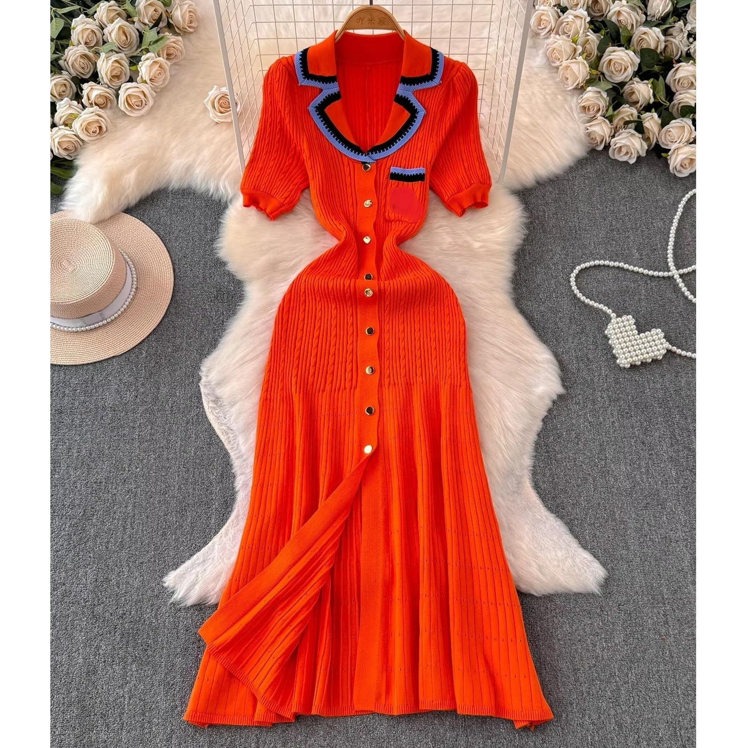 Foreign Trade Wish Summer Women's Dress Polo Collar Short-Sleeved Contrasting Color Long Skirt Elegant Slim Slim Dress