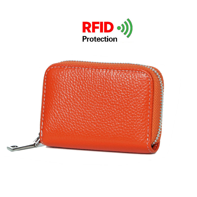 Picture of Zipper card holder unisex first layer cowhide rfid anti-theft brush magnetic leather female card holder