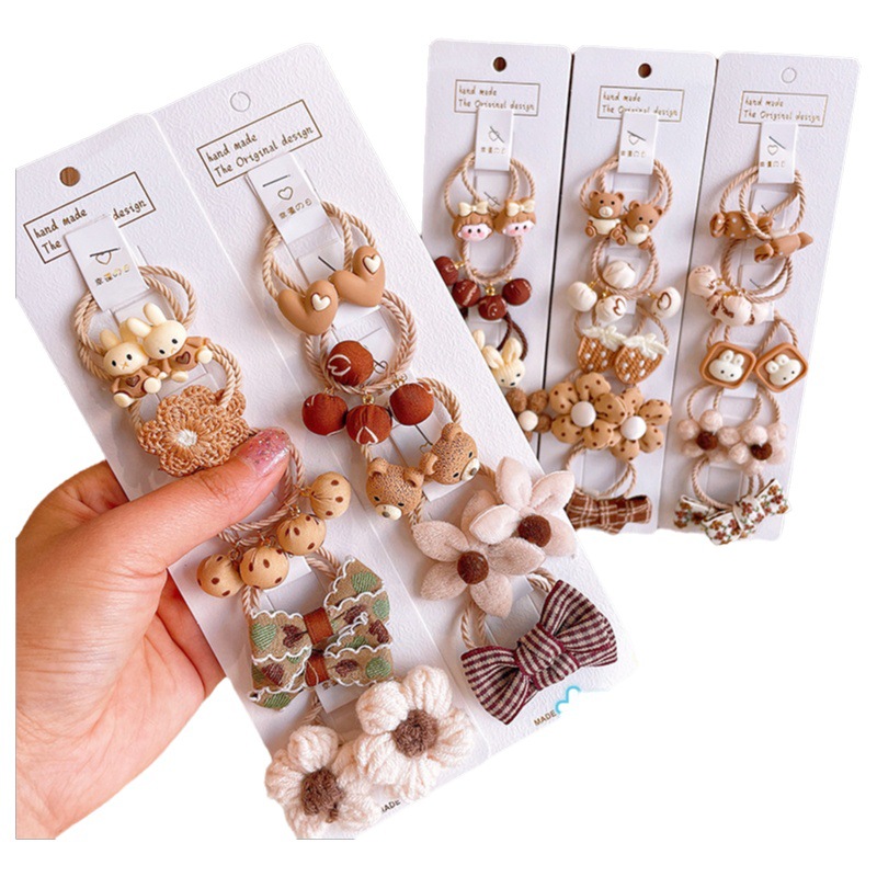 Sweet Milk Curry Color Baby's Small Rubber Band Does Not Hurt Hair Pair Flower Bow Head Rope New Girl's Tie and Pull Hair Ring