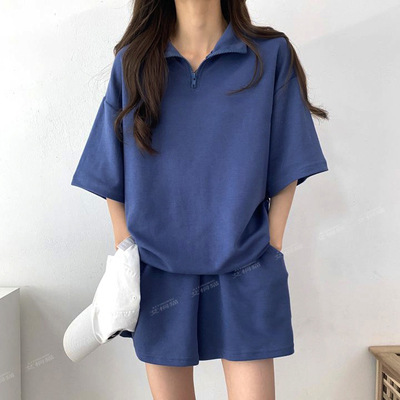 suit Short-sleeved Shorts Women's Solid Color Two-piece Summer Fashion New Korean Casual High Neck Zipper Sportswear