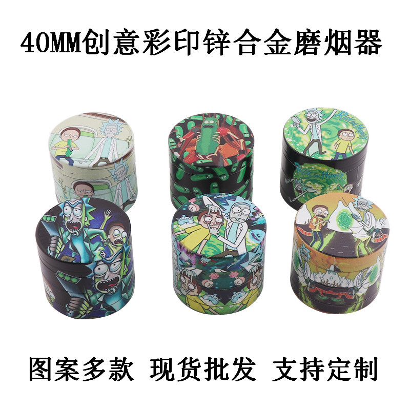 Cross-Border Hot-Selling 40mm Zinc Alloy Full-Body Color-Printed Grinder Smoking Set in Stock, Creative Flat Four-Layer Portable Collectible