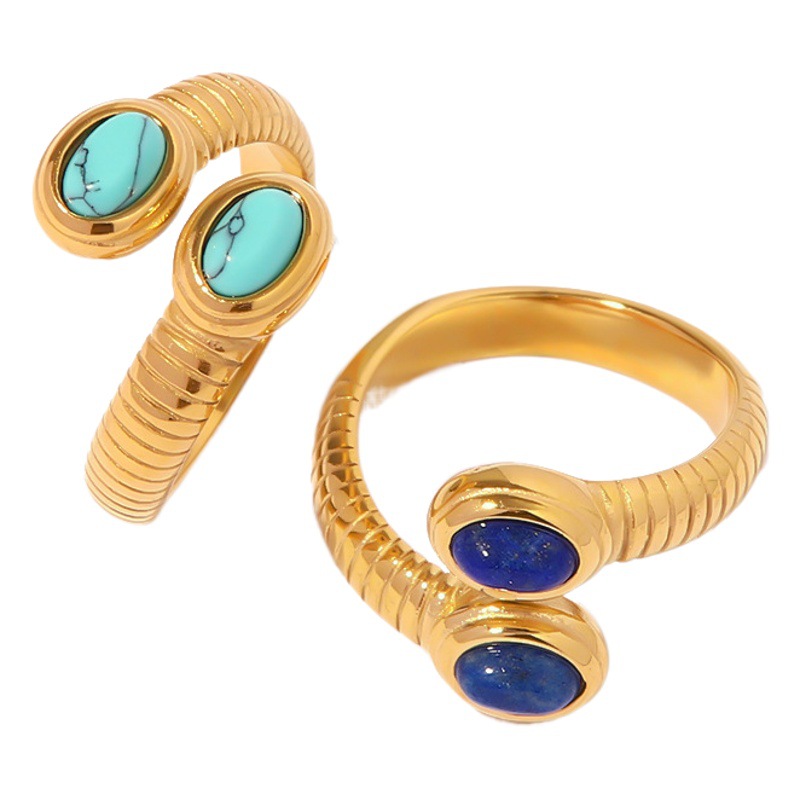 European and American Niche INS Wind 18K Electroplated Gold Thread Inlay Lapis Lapis Snake Open Ring Fashion Trendy Jewelry