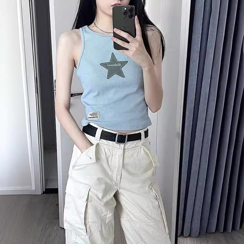 American Unique Embroidered Star Camisole Women's Inner Design Niche Outer Wear Chic Short Sweet and Spicy Top