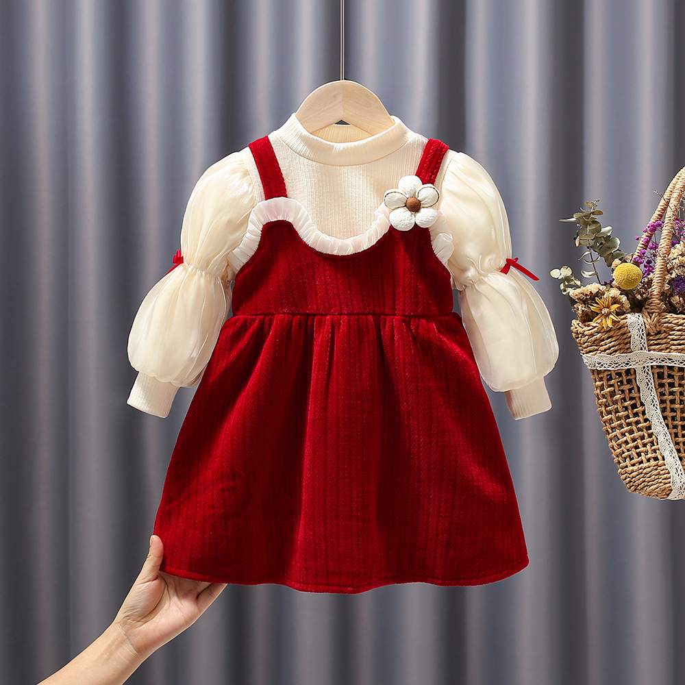 Children's dress 2024 Autumn Girls' Children's Wear Thickened Western Style Fashionable Baby Girl One-Year-Old Dress suit Winter Wear