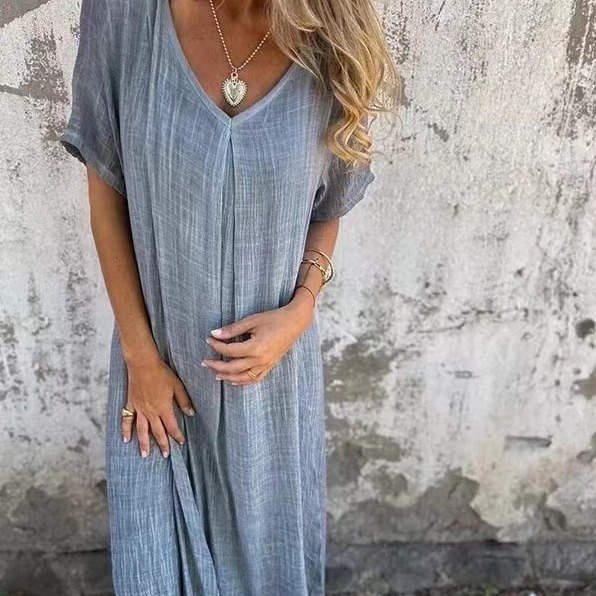2024 Summer Clothing Amazon Independent Station European and American Cross-Border Cotton and Linen V-Neck Semi-Formal Dress Long Skirt Commuting Style