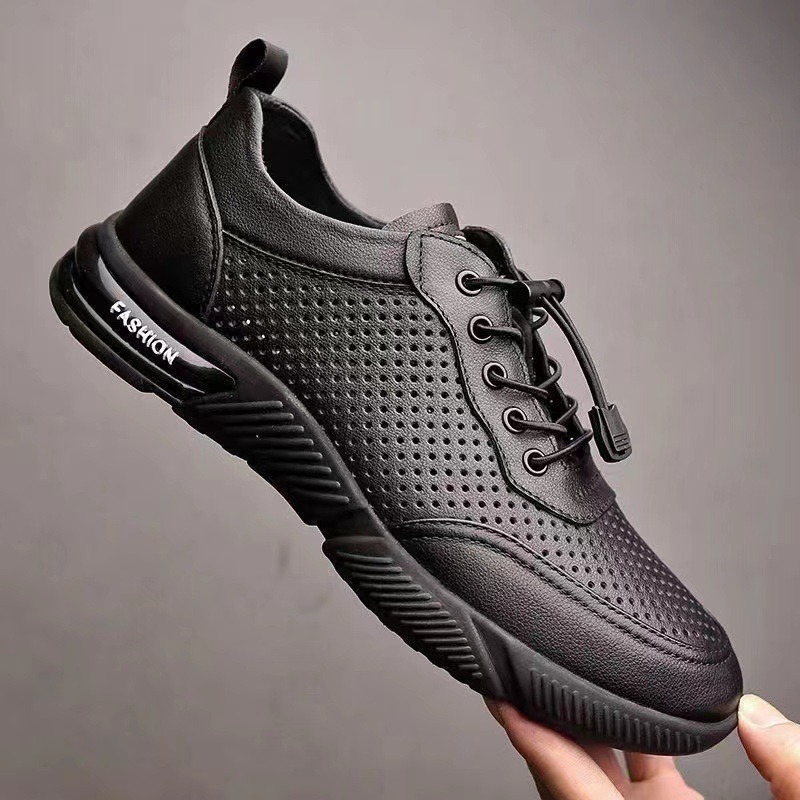Breathable Men's Shoes Spring and Summer New Leather Perforated Daily Casual Leather Shoes Soft Bottom Soft Surface Slip-on Shoes Men's Cross-border