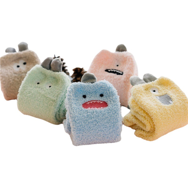 Socks Women's Autumn and Winter Cute Cartoon Monster Embroidered Stereo Ears Coral Fleece Warm Sleep Home Moon Socks