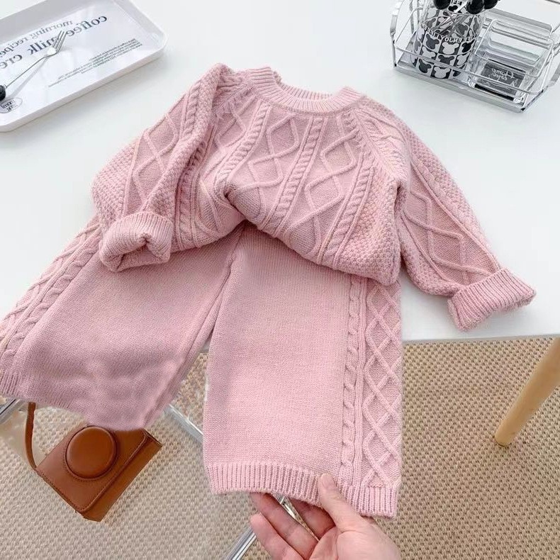 Picture of Korean version of children's clothing autumn and winter foreign style new girls retro temperament fashion solid color knitted sweater wool pants suit fashion