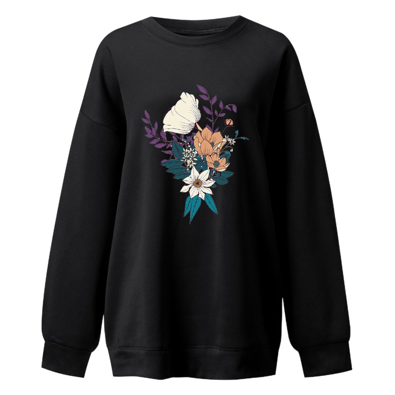 2021 Cross-border Autumn New Flower Printed Shoulder Sleeve Shoulder Round Neck Sweater