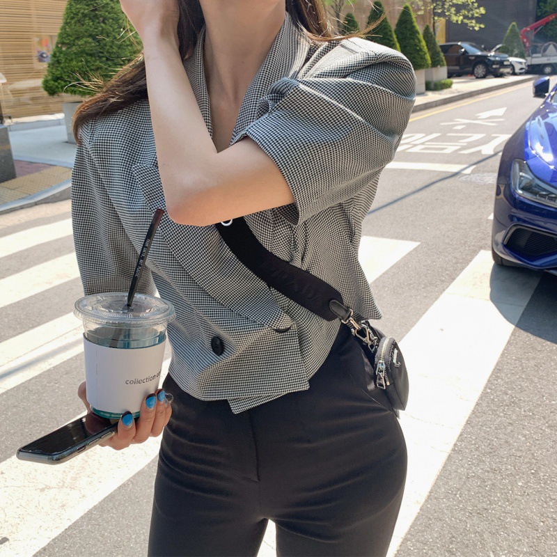 Double-breasted slim elegant houndstooth suit top women's 2023 autumn new vintage small suit jacket plus size