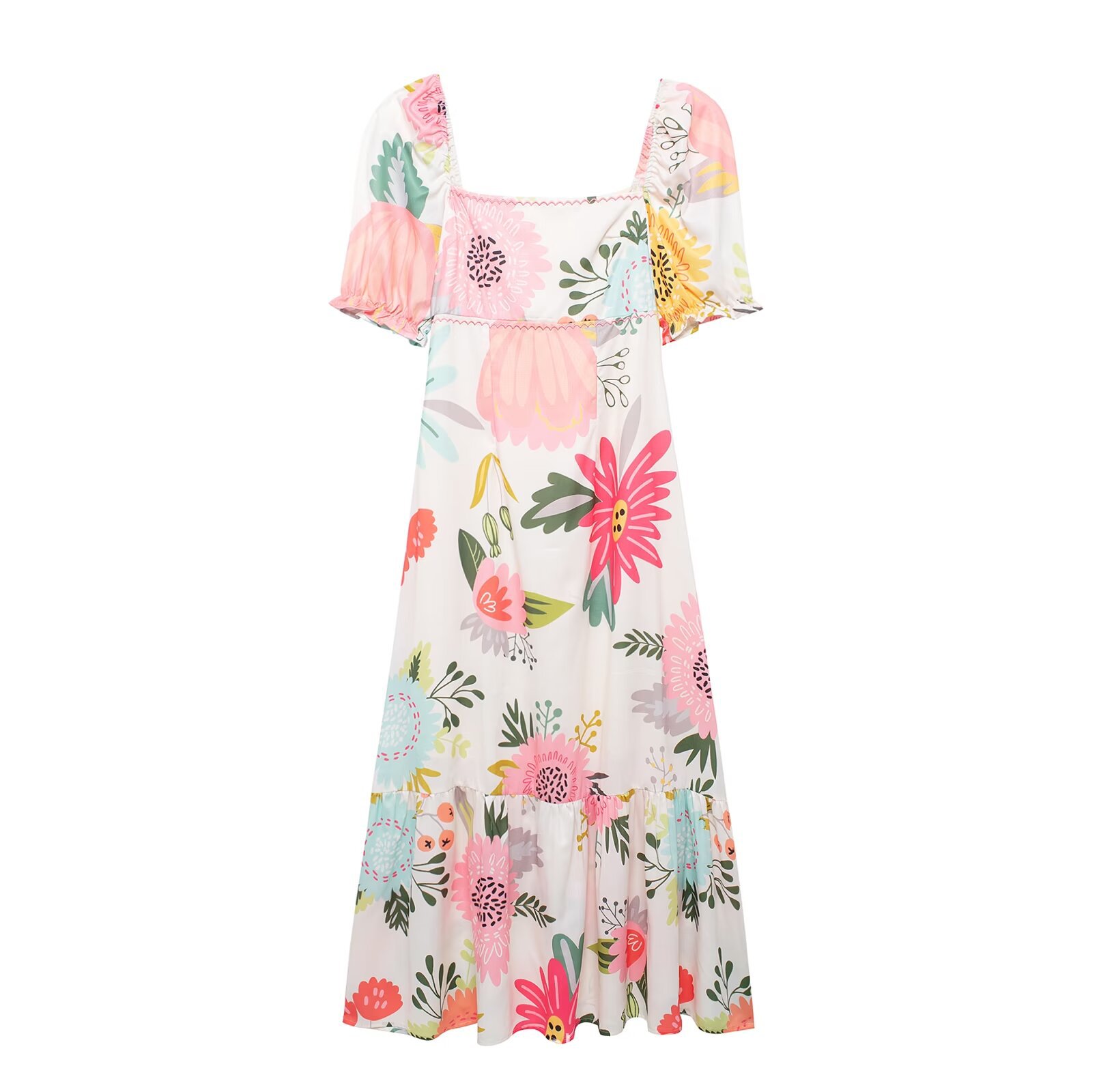 European and American 2024 New Summer Women's Clothing French Retro Square Neck Puff Sleeve Printed Embroidered Dress Wholesale