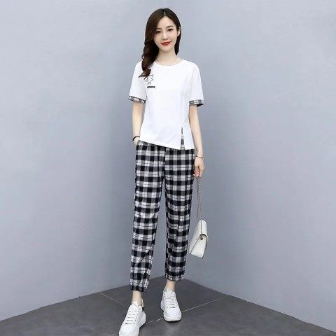 Picture of Fashion Casual Suit Women's 2023 Summer New Simple Elegant Slim Split Top Plaid Pants Two-piece Set