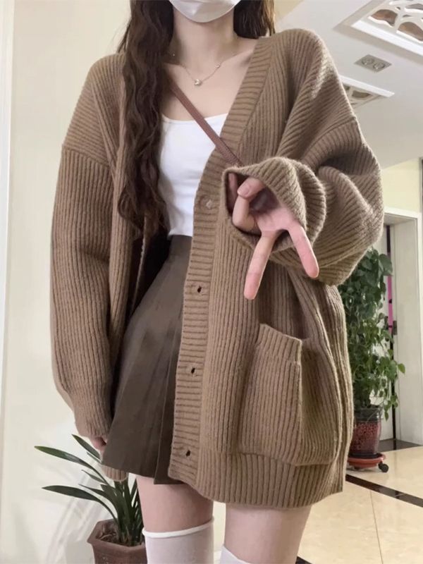 High-grade gray lazy style knitted sweater coat cardigan for women 2024 New early Spring and Autumn Mid-length top