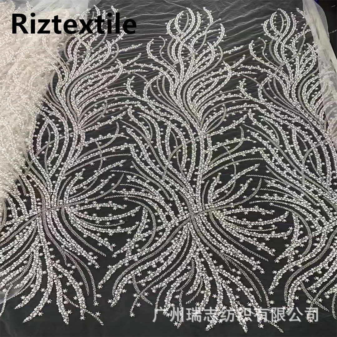 Classic wave stripe wedding dress lace cloth mesh beaded tube embroidery heavy embroidery fabric sequins factory lace