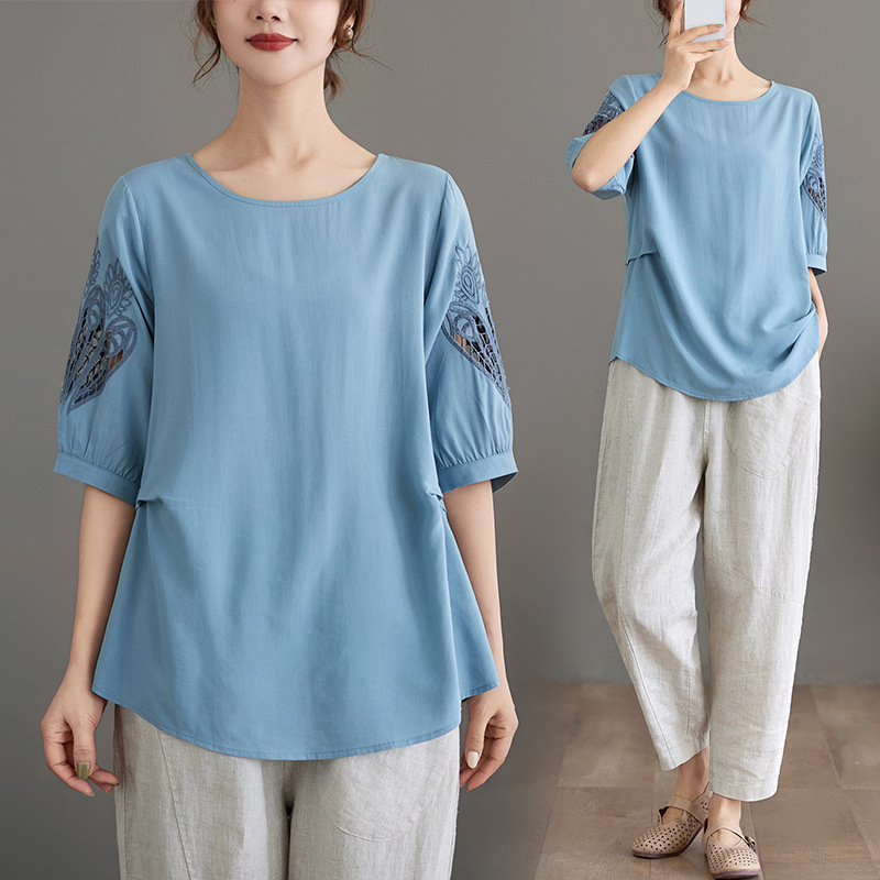 Cross-border Summer New Fat Tencel Short-sleeved Shirt Women's Loose Casual Solid Color Hollow Embroidered Belly Covering Top