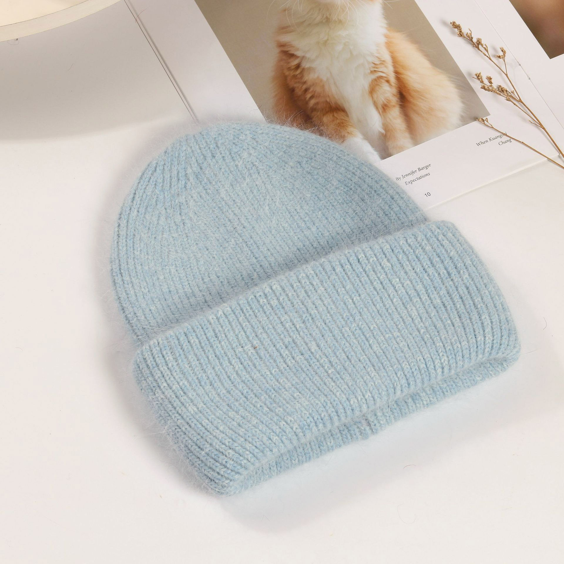 Picture of Korean Winter Knitted Hat with Large Brim for Women, Windproof Pullover Round-Top Adult Rabbit Fur Wool Hat
