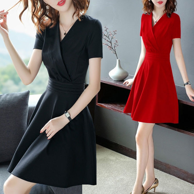 Mid-length dress Black Dress New Women's 2024 Summer V-neck Short Sleeve Mid-length Super Slim Elegant A- line Dress