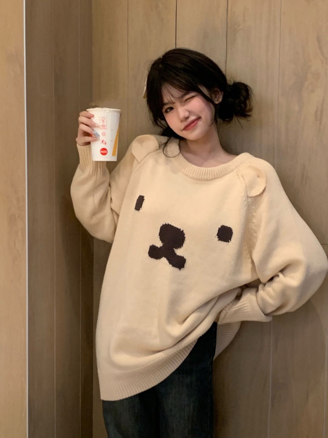 Pudding Dog Knitted Sweater Original Homemade Sweater Women's College-style Loose Crewneck Pullover Cute Top All-match Sweet