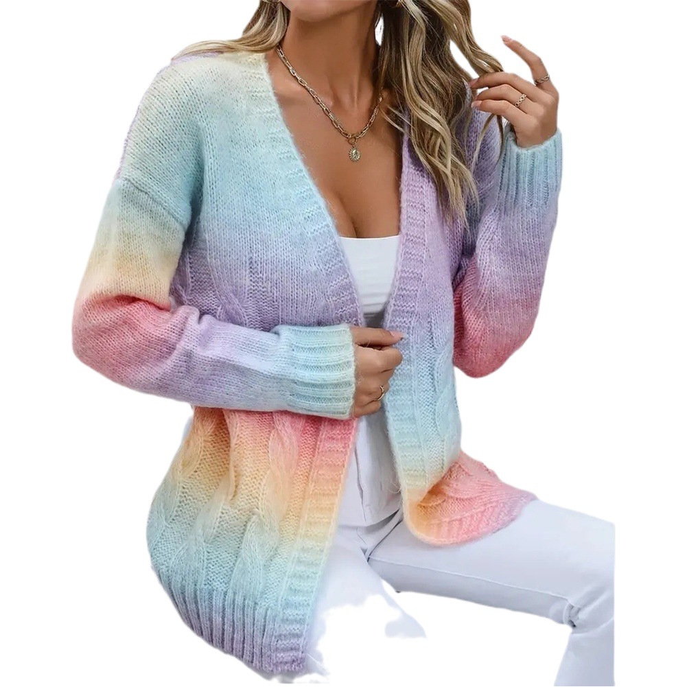 Rainbow gradient color twist lazy style sweater cardigan for women Spring and Autumn New loose mid-length sweater coat