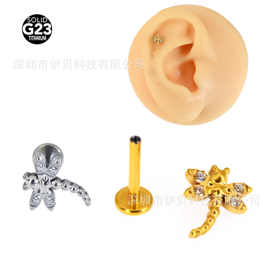 New explosions G23 titanium alloy dragonfly zircon inner teeth lip nail ear bone nail ear screen foreign trade puncture jewelry in stock