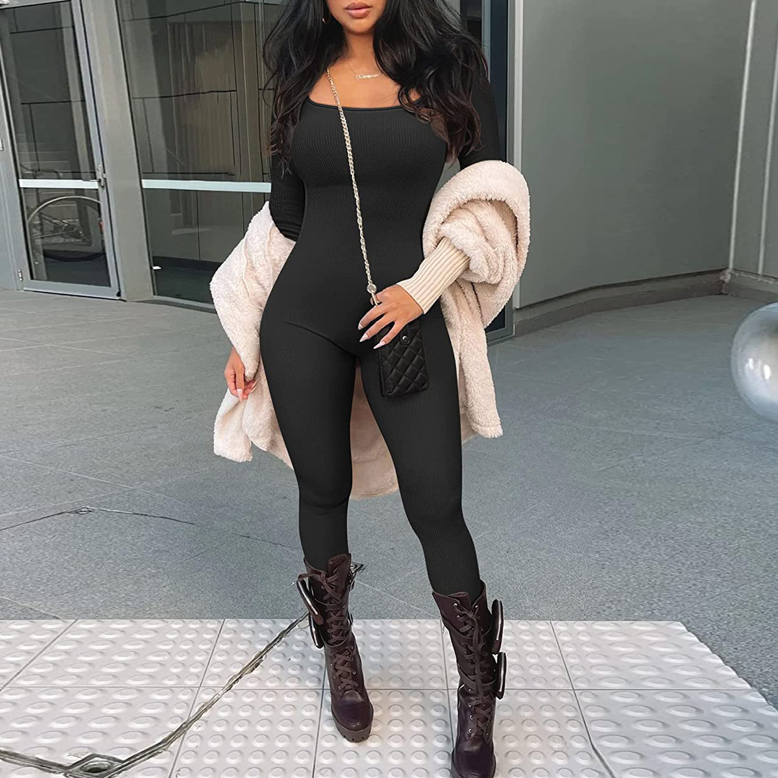 Picture of Amazon European and American Foreign Trade Women's Jumpsuit Autumn and Winter New Thread Square Collar Hip Slim Fit Sexy Jumpsuit