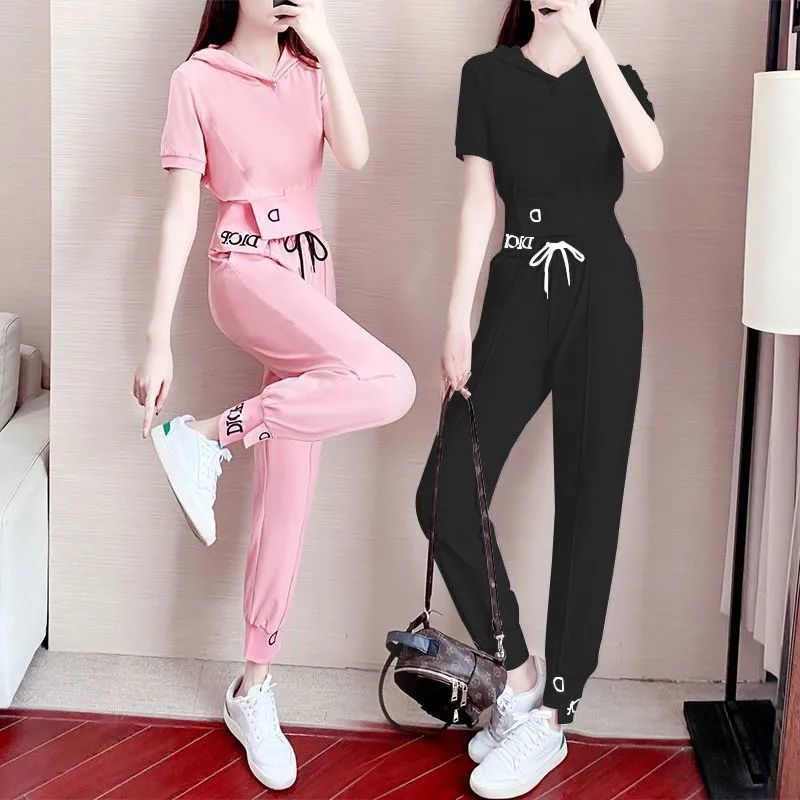 Fashion Sports Suit Women's Summer New Korean Style Age-reducing Western Style Casual Short-sleeved Leggings Casual Style Two-piece Set