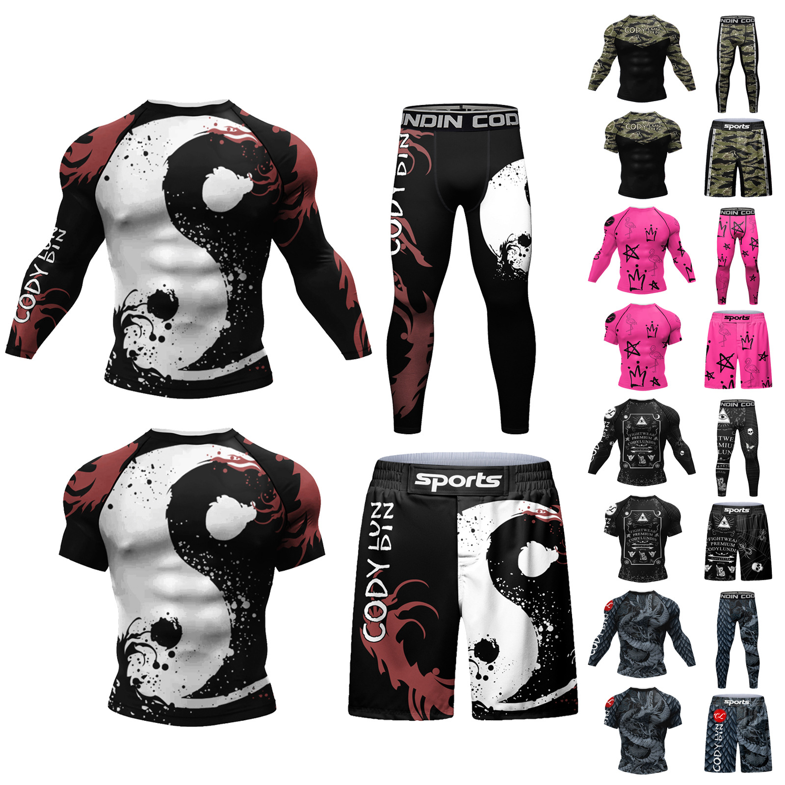 New Men's Digital Printed Fitness Clothing Quick-Drying Elastic Outdoor Fitness Sports Tights Casual Four-Piece Set