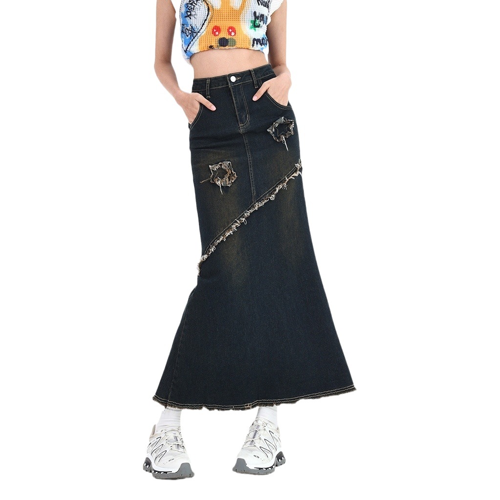 Fishtail Denim A- Line Skirt Women's Autumn and Winter Design Sense American Style Retro Hot Girl 2024 Spring and Autumn New
