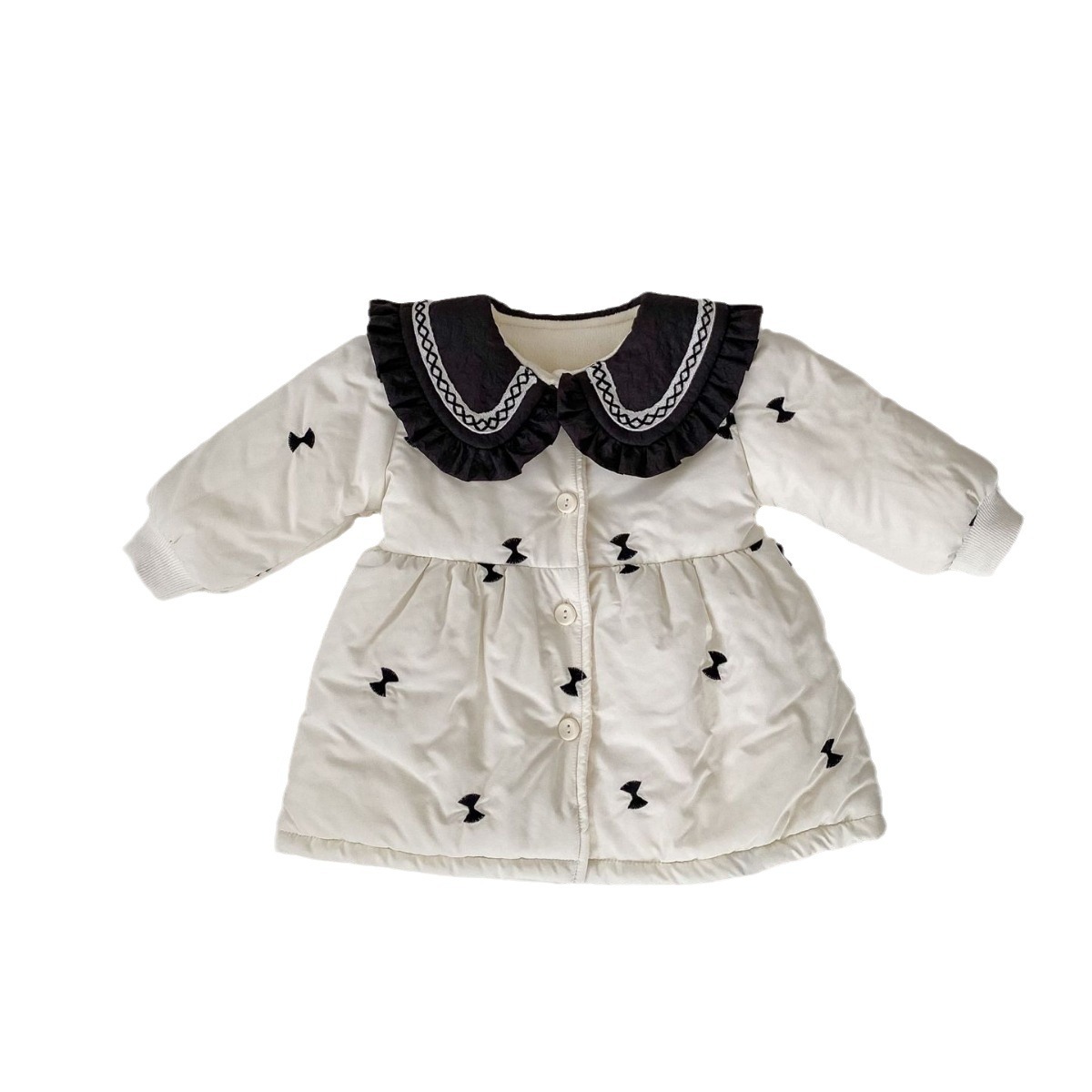Picture of 2025 Baby Winter Clothes Cotton Clothes Girls Baby Long Thickened Cardigan Cotton Clothes Western Style Lace Lapel Padded Jacket