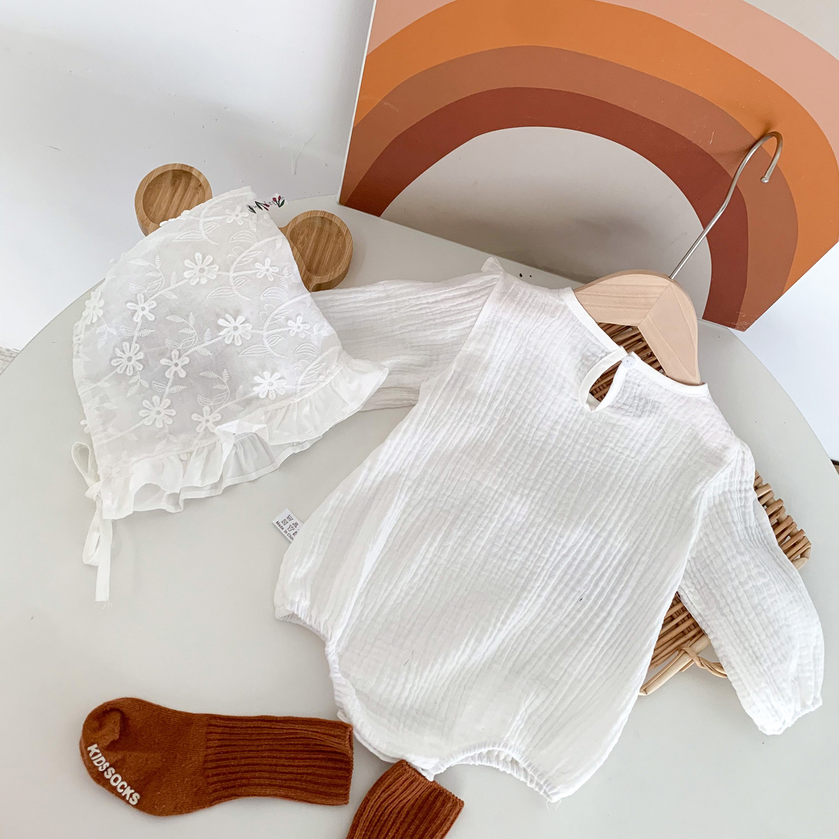 Picture of Ins Kidsren's Princess One-Piece Harem Baby Girl Fashionable Puff Sleeves Lotus Leaf Collar Bag Fart Baby One-Year-Old Dress