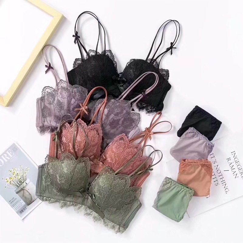 Underwear Women's Small Chest Large Gathered No Steel Ring Sexy Lace Breast Adjustable Bra Beautiful Back Bra Set