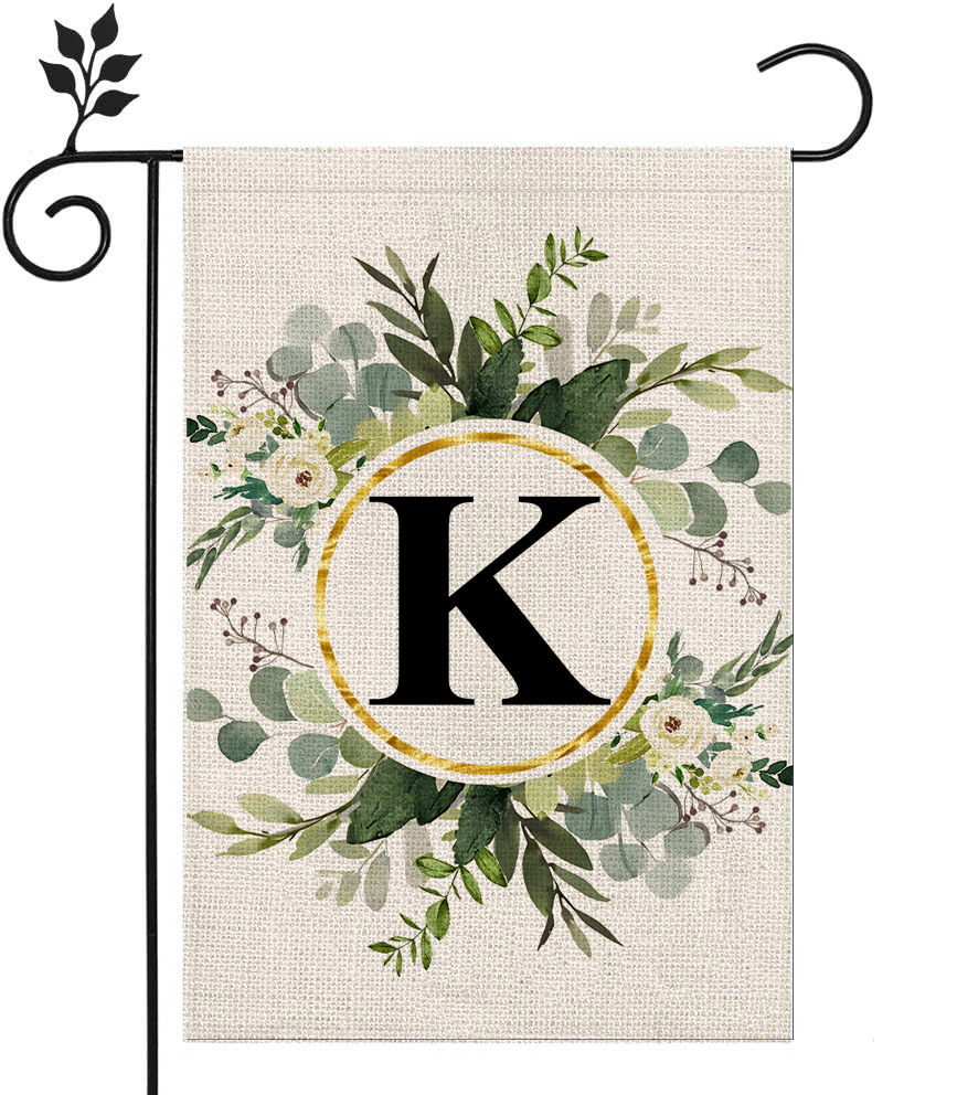 Picture of Simple ins style 26 letters + green plant printed linen garden flag surname initials courtyard door flag