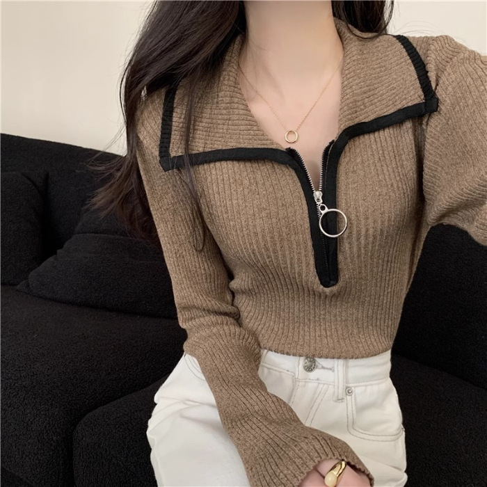 Picture of Zipper Lapel Sweater 2023 Autumn/Winter Long Sleeve Slim Fit Color-Block Knitted Top for Women