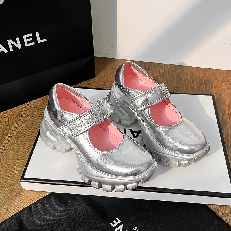 In-Stock 2025 Summer New Silver French-Style Small Leather Shoes with Chunky Heels, Thick-Soled Loafers, Shallow Mary Jane Single Shoes for Women