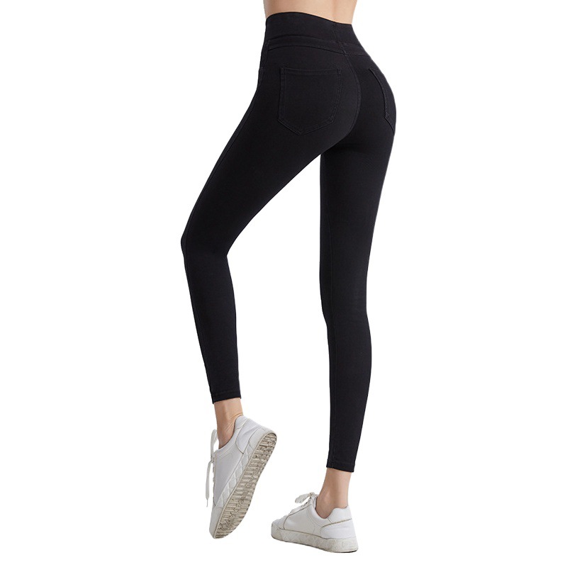 High Waist Denim Yoga Tight Fitness Trousers Women's Running Outer Wear Stretch Slimming Pocket Hip Lifting Sports Casual Pants