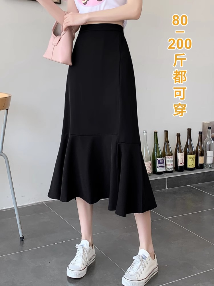 plus size A- Line Skirt Women's Spring Fishtail Skirt chubby girl Belly Covering Slim Look Long Skirt Black High Waist Skirt