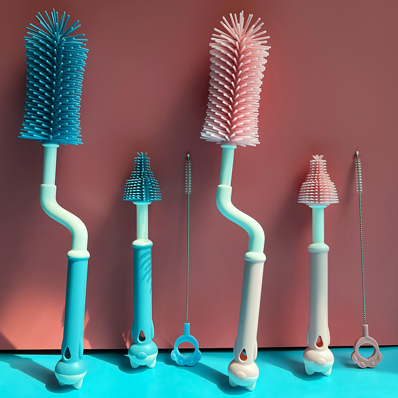 Baby Bottle Brush Rotating Cleaning Brush Silicone Feel Baby Bottle Washing Brush 3-Piece Set Cleaning Straw Brush Nipple