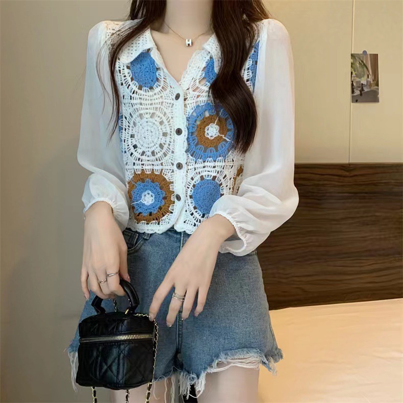 Spring 2023 new niche Korean style design stitching embroidered knitted lace cardigan chiffon shirt top for women