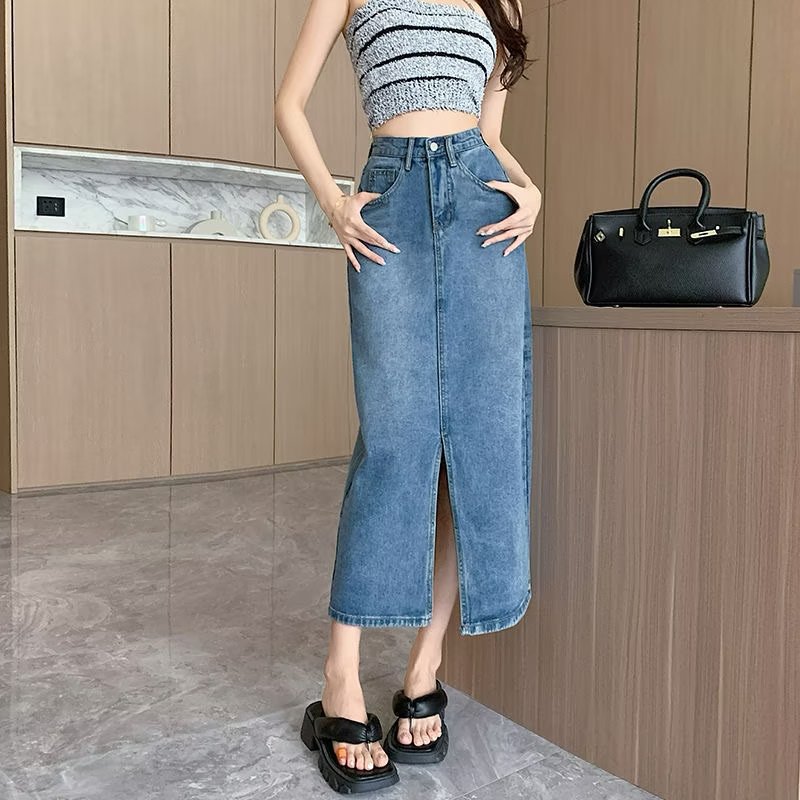 Skirt Suitable for Thick Legs plus size High Waist Mid-length Denim Skirt Women's Flesh Covering Slimming Split A- Line Skirt