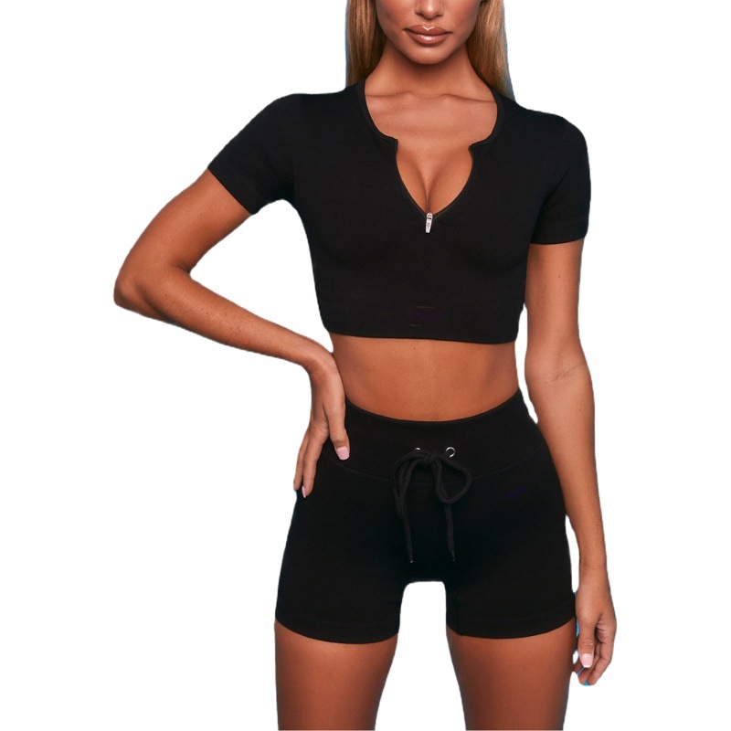 Cross-Border Hot-Selling Feminine Butt-Lifting Threaded Three-Dimensional Zipper Suit Shorts Bra Short-Sleeved Trousers Yoga Sportswear