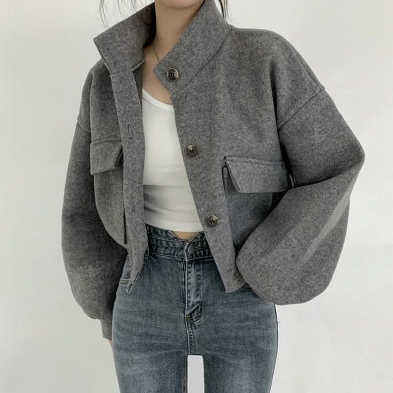 Picture of Internet celebrity cool handsome Korean style autumn and winter New stand collar niche short lazy style loose casual woolen woolen coat for women