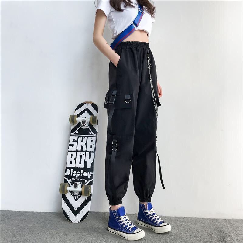 Women's Slimming High Waist Autumn Handsome Black Pants Women's Loose Straight Korean Style Trendy Chain