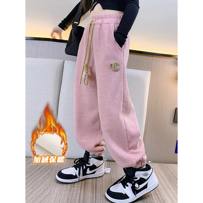 Girls' Pants fleece-lined Winter Thickened One-piece Velvet Sports Pants Children's Foot-toe Sweatpants Girls' Big Children's Casual Trousers