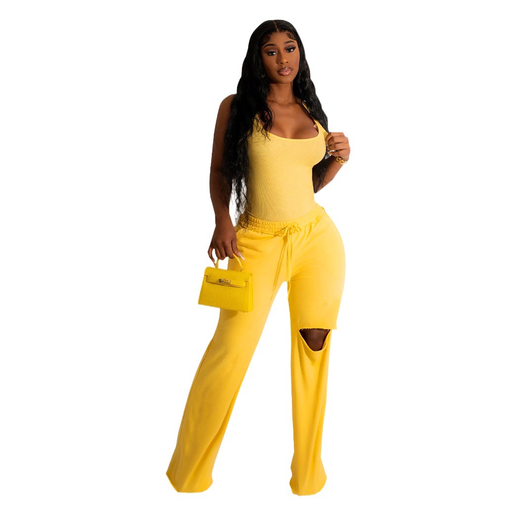 K10294 Amazon Independent Station European and American Women's Clothing 2022 Solid Color U-Neck jumpsuit Rhole Wide Leg Pants suit New