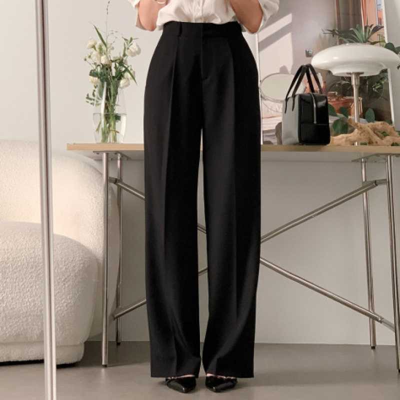 Picture of Simple, niche, commuting, versatile, high-waisted, slimming, double pockets, drape, straight-leg slacks, and suits