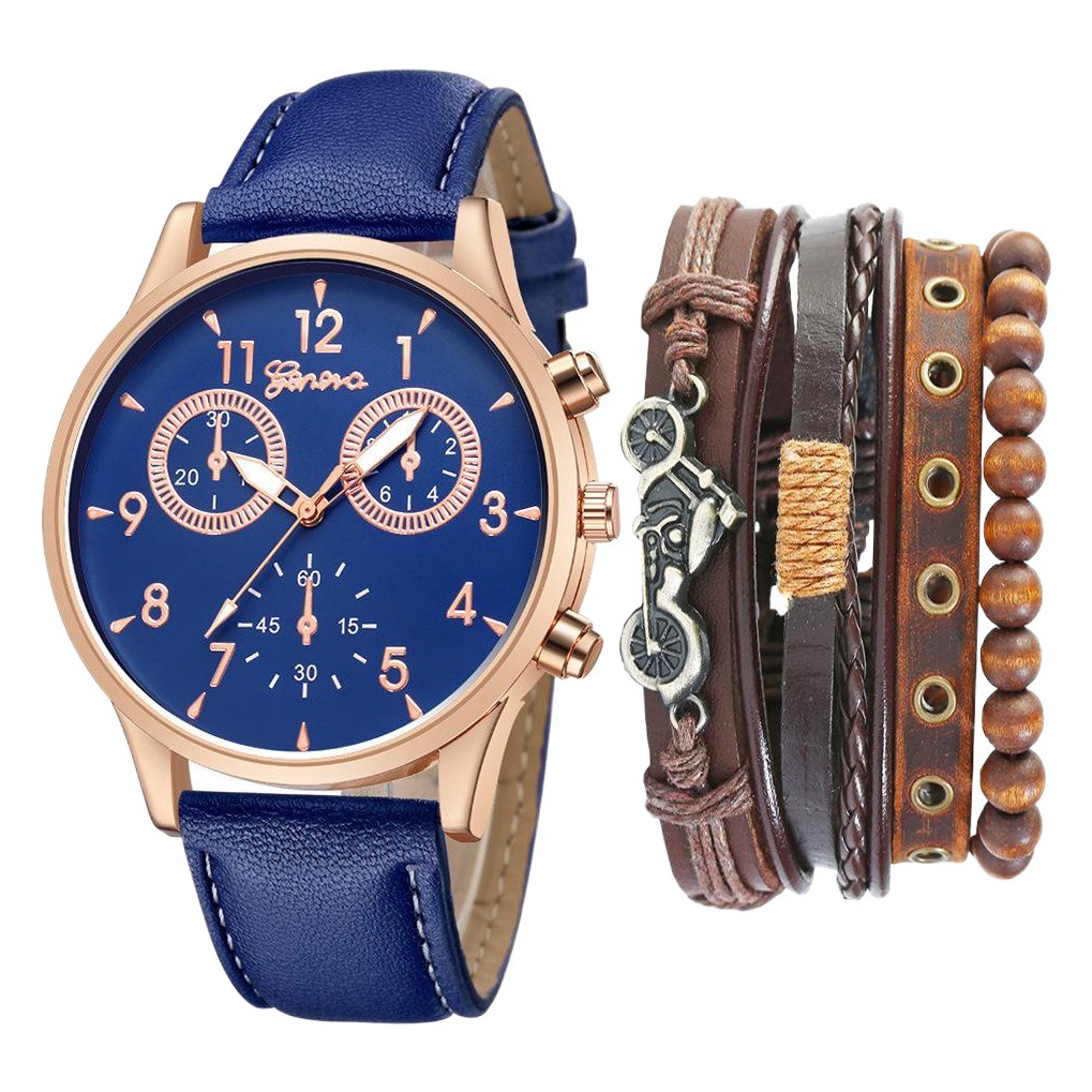 Watch suit Men's Fashion Casual Eye Belt Quartz Watch Bicycle Punk Bracelet 5 pcs/set