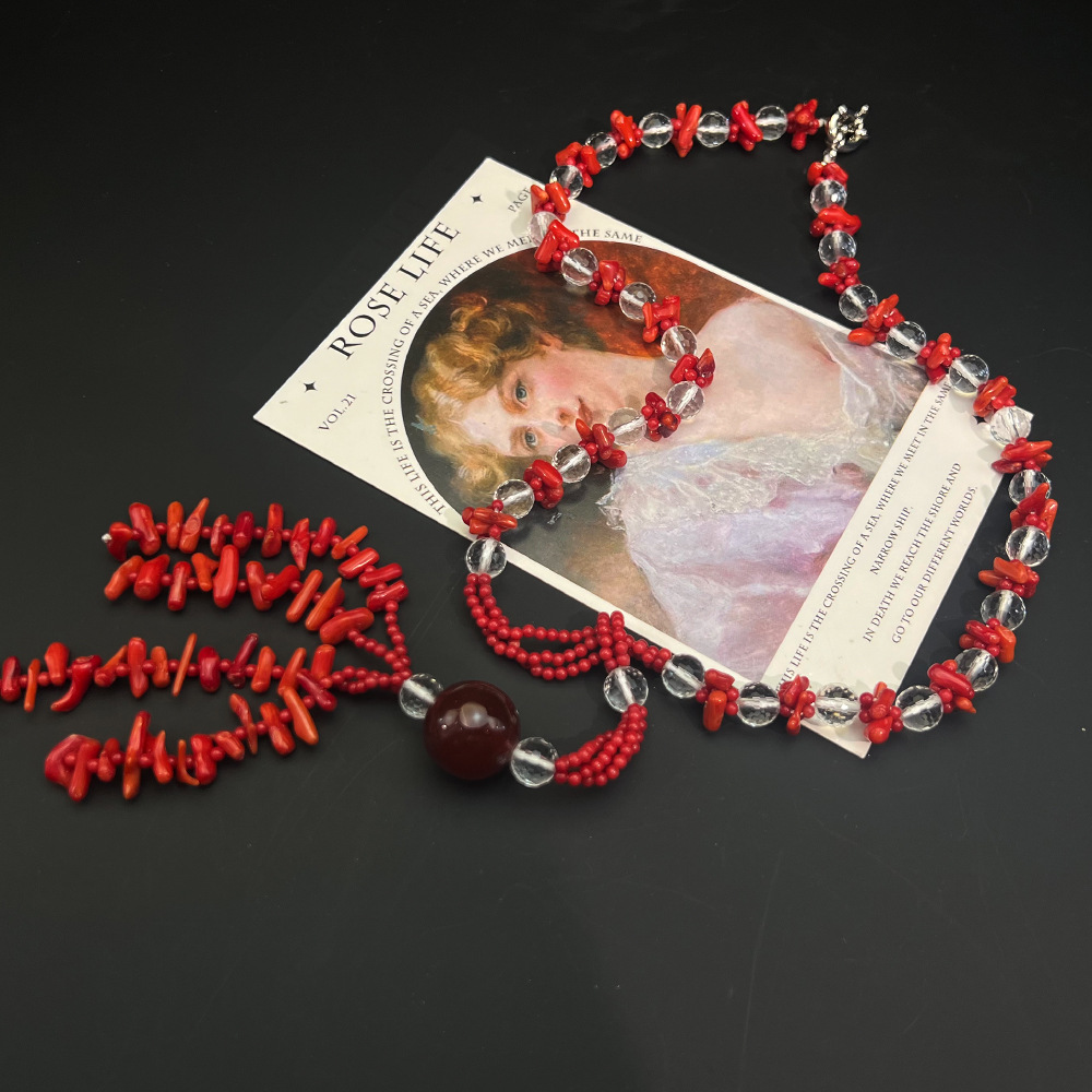 Picture of Red Coral Agate White Crystal Necklace Vintage vintage Elegant High-end Handmade Long Woolen Chain for Women