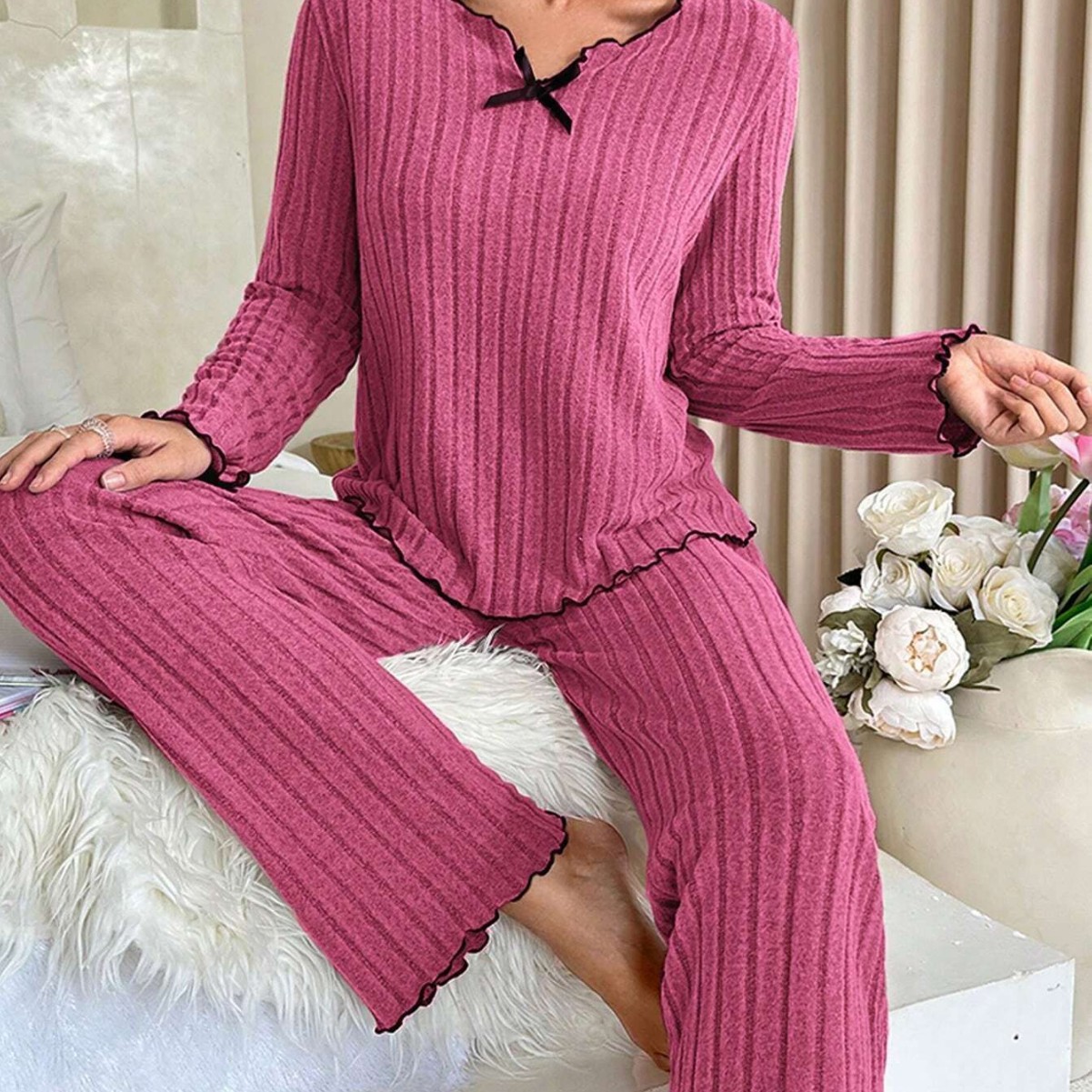 2025 new European and American cross-border Amazon explosions black edge twisted edge leisure home suit clothing pit Pajam