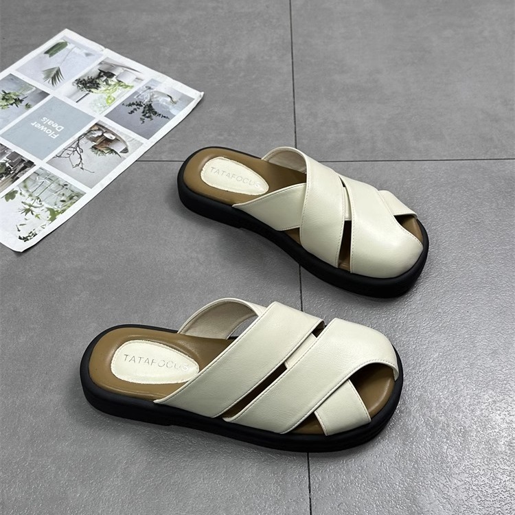 Genuine Leather Baotou Slippers Women's Outwear 2024 Spring and Summer New Vintage Woven Hollow-out Slip-on Lazy Slippers